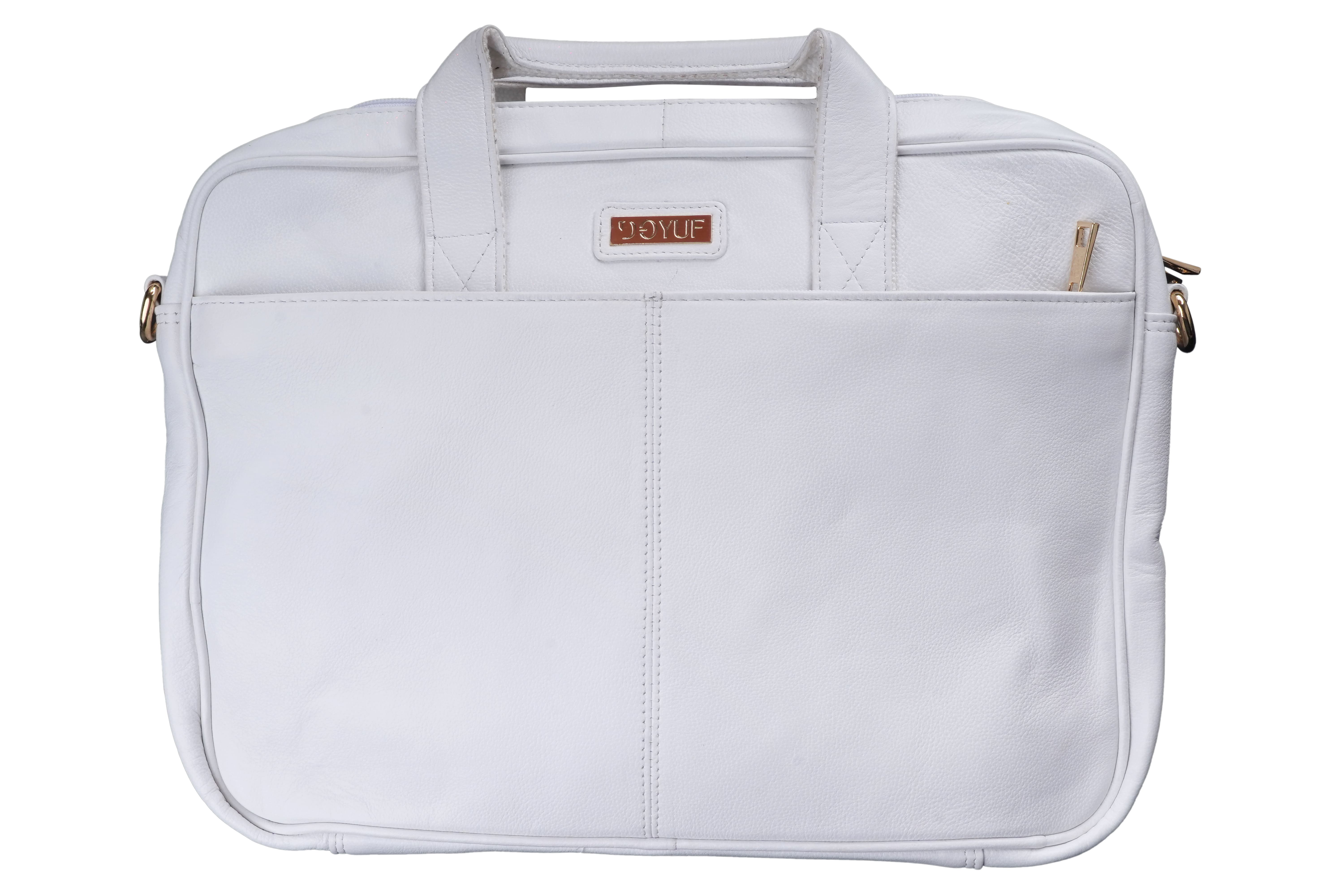 White Solid Leather Laptop Bag BY Doyuf - Shoulder Bags available at DOYUF